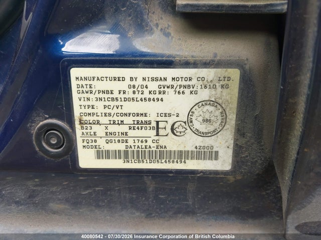Продаж на аукціоні авто 2005 Nissan Sentra 1.8/1.8s, vin: 3N1CB51D05L458494, номер лоту: 40080542