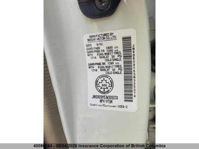 40080544 :رقم المزاد ، JNRDR09Y53W305074 vin ، 2003 Infiniti Qx4 مزاد بيع