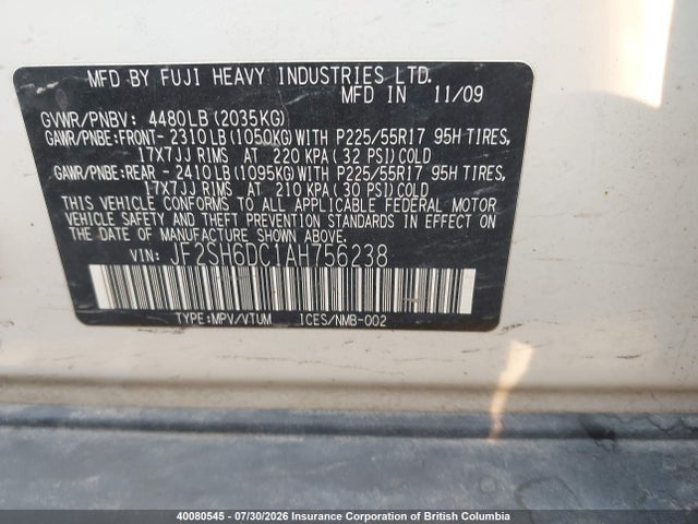 40080545 :رقم المزاد ، JF2SH6DC1AH756238 vin ، 2010 Subaru Forester 2.5x Limited مزاد بيع