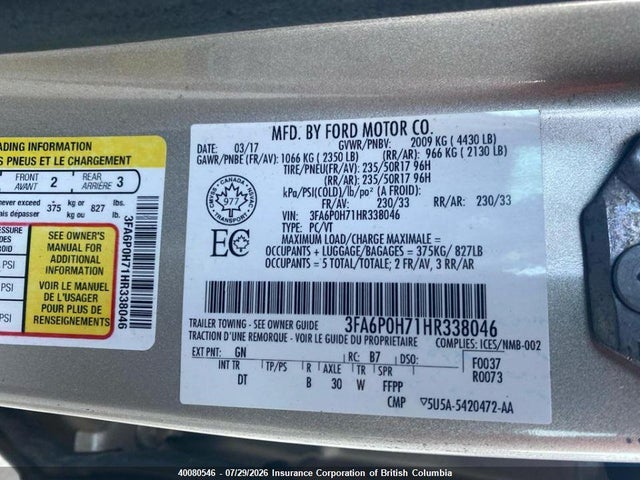 Aukcja sprzedaży 2017 Ford Fusion Se, vin: 3FA6P0H71HR338046, numer aukcji: 40080546