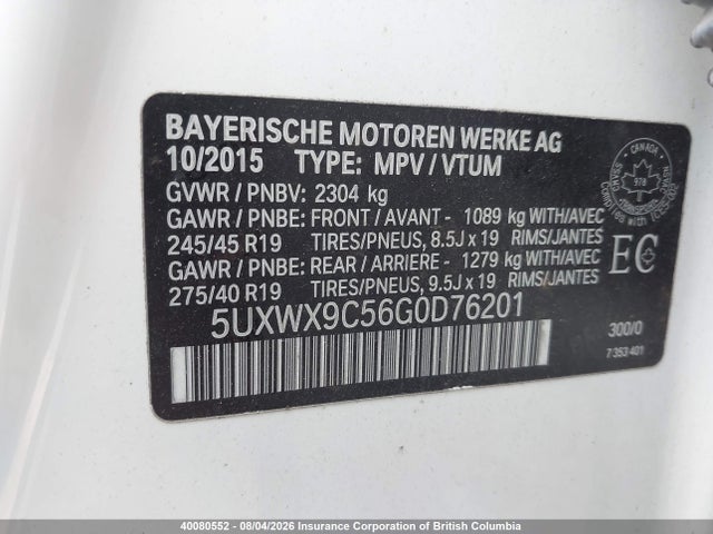 40080552 :رقم المزاد ، 5UXWX9C56G0D76201 vin ، 2016 Bmw X3 مزاد بيع