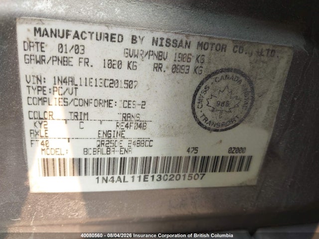 Продаж на аукціоні авто 2003 Nissan Altima S/sl, vin: 1N4AL11E13C201507, номер лоту: 40080560