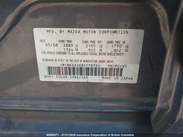 40080571 :رقم المزاد ، JM1BK323X81170724 vin ، 2008 Mazda 3 S مزاد بيع