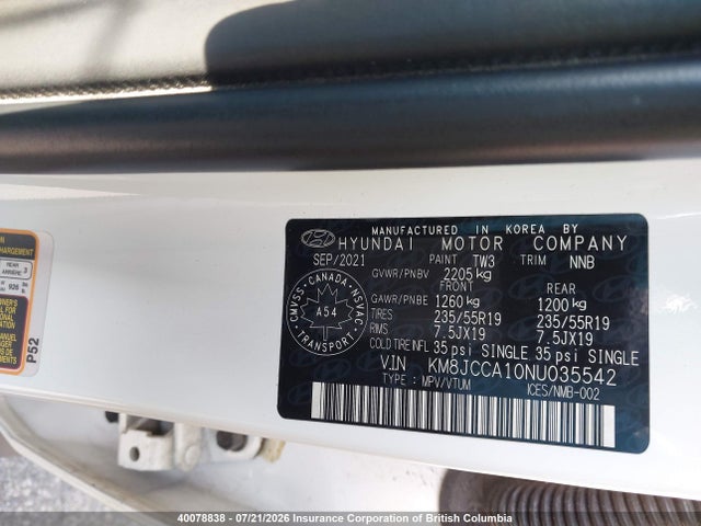 KM8JCCA10NU035542 Hyundai Tucson Luxury/ultimate