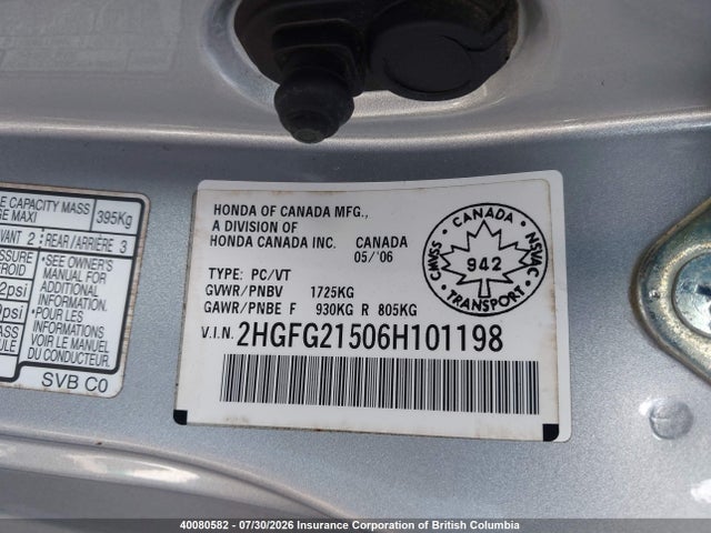 40080582 :رقم المزاد ، 2HGFG21506H101198 vin ، 2006 Honda Civic مزاد بيع