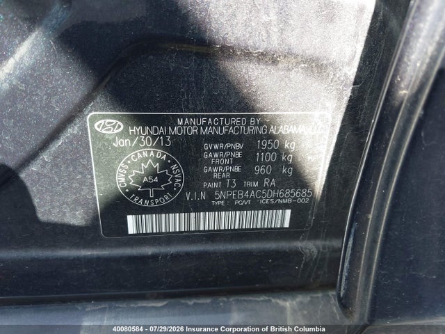 40080584 :رقم المزاد ، 5NPEB4AC5DH685685 vin ، 2013 Hyundai Sonata Gls مزاد بيع