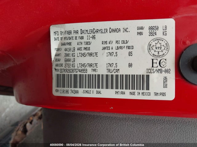 2007 Dodge Ram 2500 St/slt მანქანა იყიდება აუქციონზე, vin: 3D7KR26D87G740959, აუქციონის ნომერი: 40080590