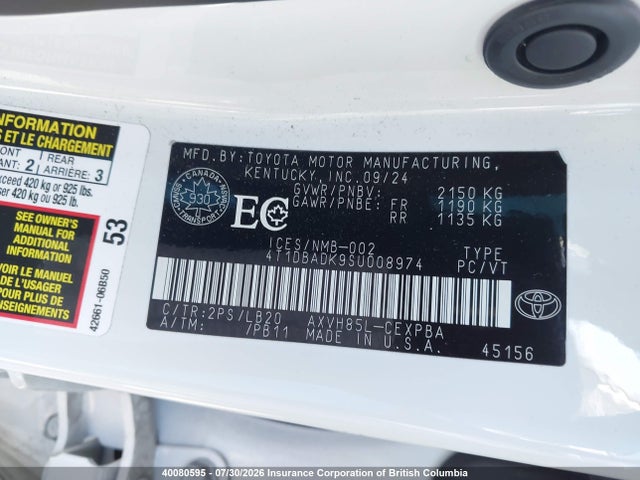 Auction sale of the 2025 Toyota Camry, vin: 4T1DBADK9SU008974, lot number: 40080595