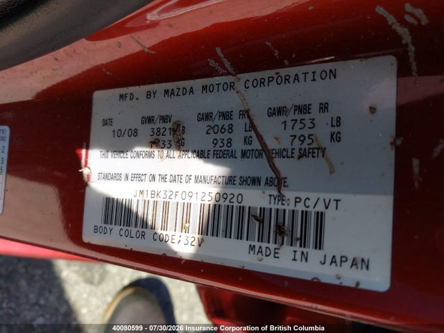 40080599 :رقم المزاد ، JM1BK32F091250920 vin ، 2009 Mazda 3 I مزاد بيع