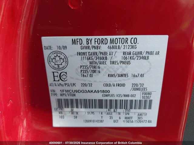 Auction sale of the 2010 Ford Escape Xlt, vin: 1FMCU9DG3AKA91800, lot number: 40080601