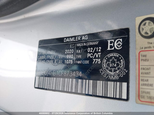 Aukcja sprzedaży 2012 Mercedes-benz C 250, vin: WDDGJ4HB1CF873434, numer aukcji: 40080602