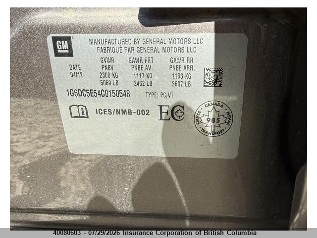 40080603 :رقم المزاد ، 1G6DC5E54C0150548 vin ، 2012 Cadillac Cts مزاد بيع