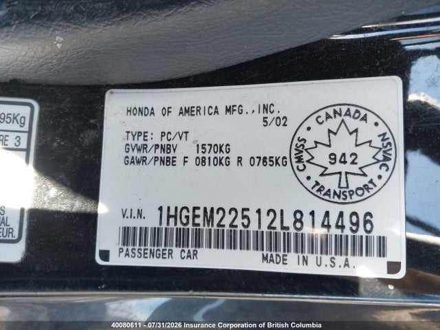 2002 Honda Civic მანქანა იყიდება აუქციონზე, vin: 1HGEM22512L814496, აუქციონის ნომერი: 40080611
