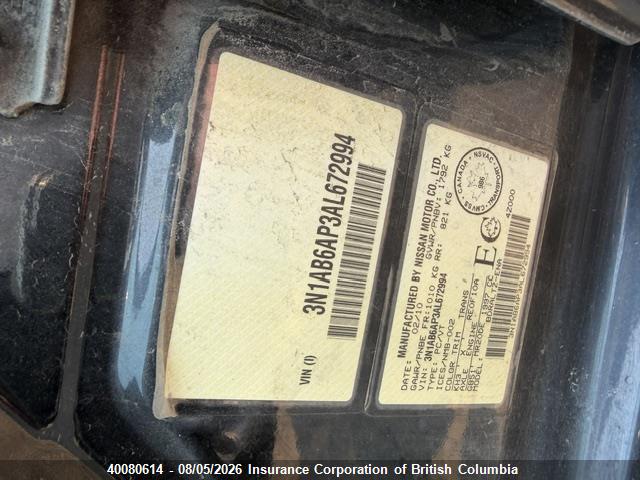 40080614 :رقم المزاد ، 3N1AB6AP3AL672994 vin ، 2010 Nissan Sentra 2.0/2.0s/sr/2.0sl مزاد بيع