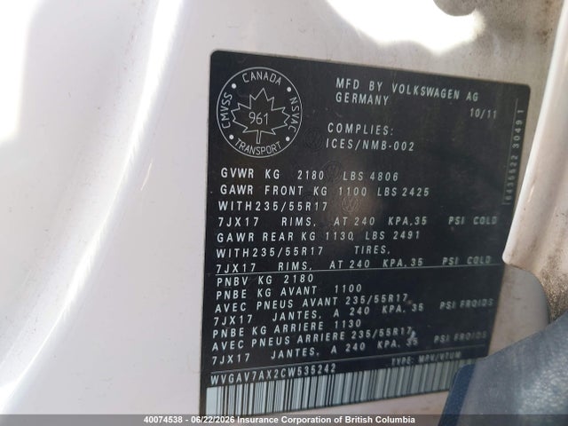 Aukcja sprzedaży 2012 Volkswagen Tiguan S/se/sel, vin: WVGAV7AX2CW535242, numer aukcji: 40074538