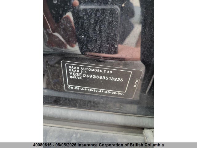 40080616 :رقم المزاد ، YS3ED49G683513225 vin ، 2008 Saab 9-5 2.3t مزاد بيع