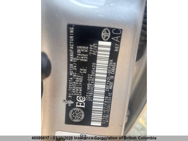 40080617 :رقم المزاد ، 2T1BU4EEXAC395420 vin ، 2010 Toyota Corolla Ce مزاد بيع