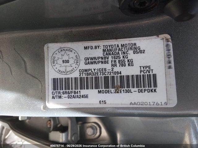Продажа на аукционе авто 2003 Toyota Corolla Ce/le/s, vin: 2T1BR32E73C721094, номер лота: 40075714