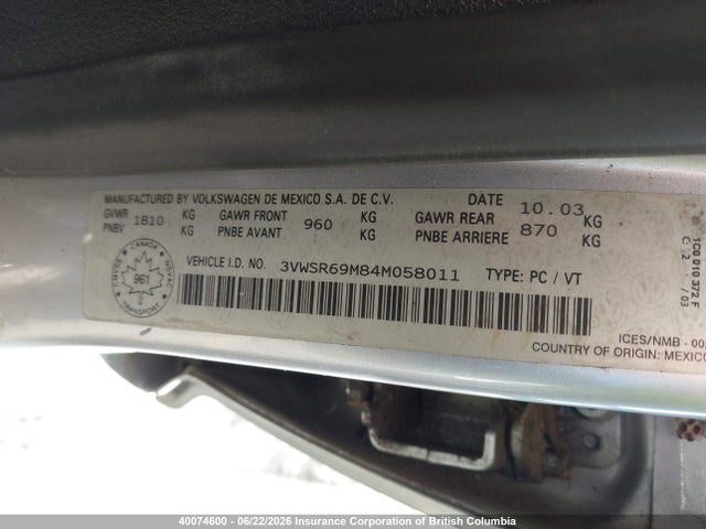 2004 Volkswagen Jetta Gls Tdi მანქანა იყიდება აუქციონზე, vin: 3VWSR69M84M058011, აუქციონის ნომერი: 40074600