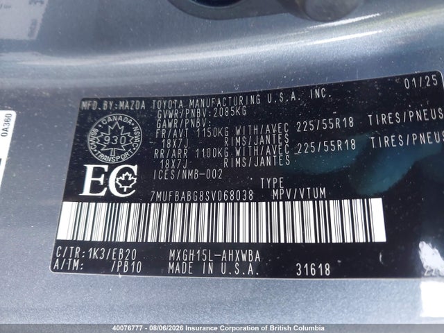 40076777 :رقم المزاد ، 7MUFBABG8SV068038 vin ، 2025 Toyota Corolla Cross Se/xse/night Shade/s مزاد بيع