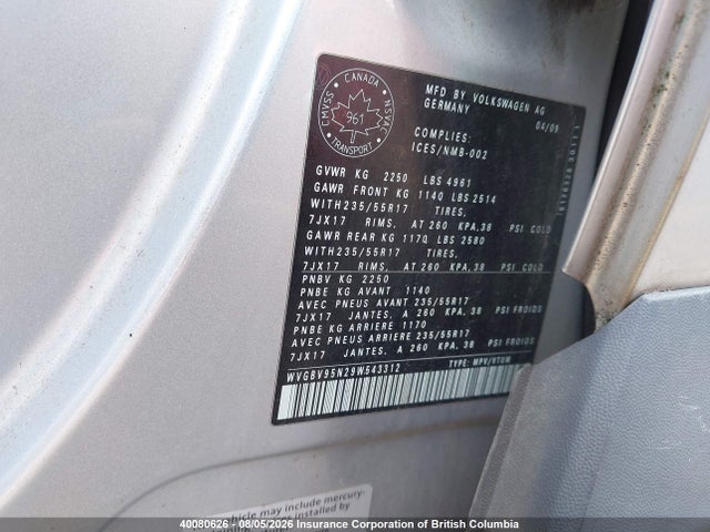 40080626 :رقم المزاد ، WVGBV95N29W543312 vin ، 2009 Volkswagen Tiguan Se/sel مزاد بيع