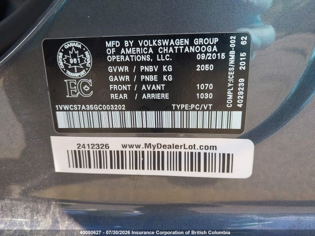 1VWCS7A35GC003202 Volkswagen Passat Sel/sel Premium