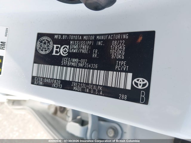 40080630 :رقم المزاد ، 5YFBPMBE9NP354326 vin ، 2022 Toyota Corolla Le/xle مزاد بيع
