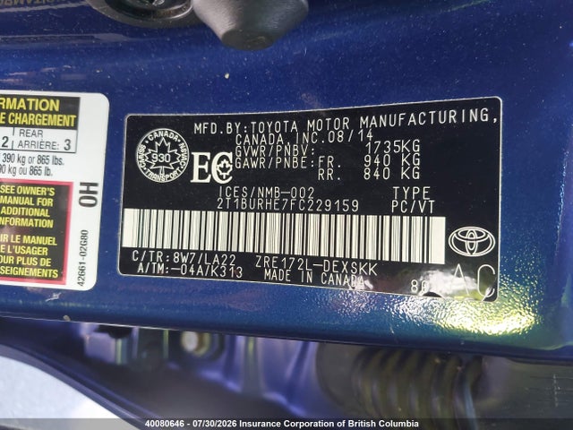 2T1BURHE7FC229159 Toyota Corolla L/le/le Pls/prm/s/s Pls
