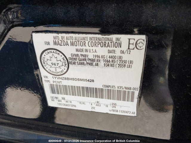Aukcja sprzedaży 2013 Mazda 6 Sport, vin: 1YVHZ8BH5D5M05428, numer aukcji: 40080649