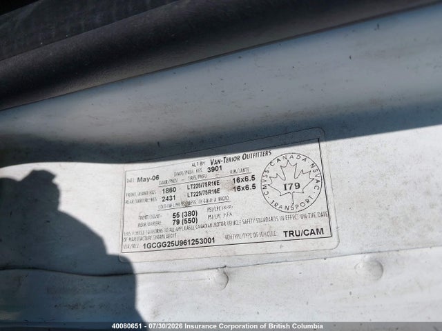 Aukcja sprzedaży 2006 Chevrolet Express Standard, vin: 1GCGG25U961253001, numer aukcji: 40080651