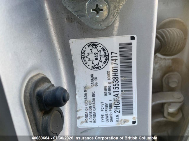 40080664 :رقم المزاد ، 2HGFA15538H017417 vin ، 2008 Honda Civic مزاد بيع