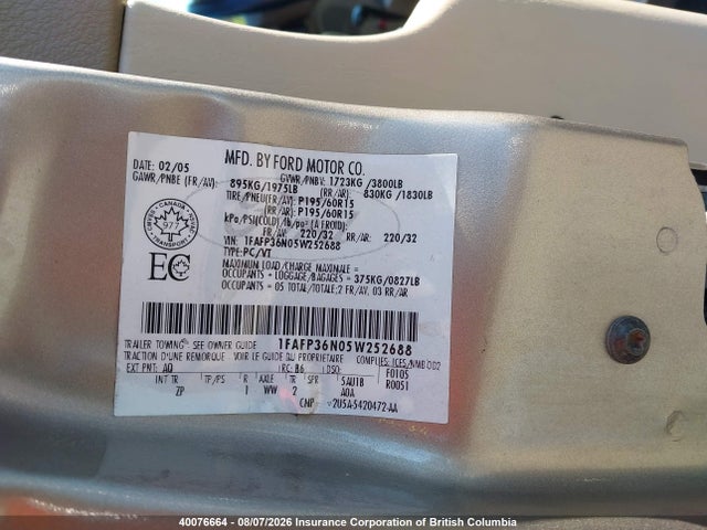 40076664 :رقم المزاد ، 1FAFP36N05W252688 vin ، 2005 Ford Focus Zxw مزاد بيع
