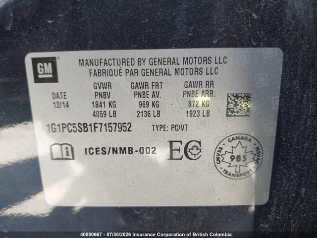 Chevrolet Cruze 2015 1G1PC5SB1F7157952 Image 9