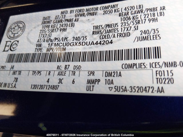 40076511 :رقم المزاد ، 1FMCU0GX5DUA44204 vin ، 2013 Ford Escape Se مزاد بيع