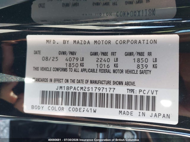 40080681 :رقم المزاد ، JM1BPACM2S1797177 vin ، 2025 Mazda 3 Preferred مزاد بيع