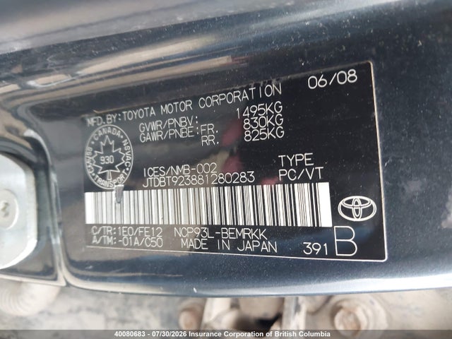 Продаж на аукціоні авто 2008 Toyota Yaris, vin: JTDBT923881280283, номер лоту: 40080683