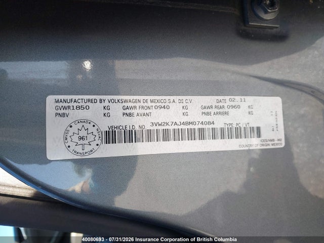 Aukcja sprzedaży 2011 Volkswagen Jetta, vin: 3VW2K7AJ4BM074084, numer aukcji: 40080693