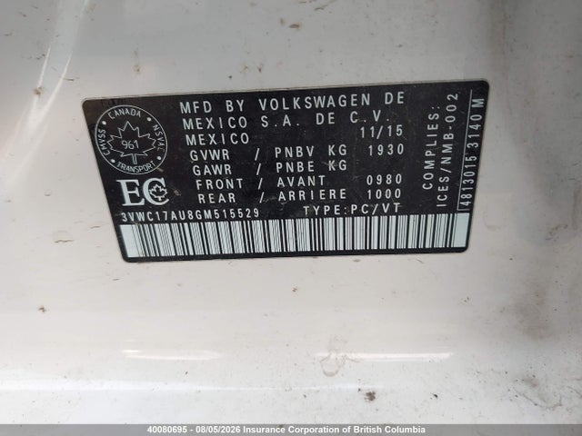 2016 Volkswagen Golf მანქანა იყიდება აუქციონზე, vin: 3VWC17AU8GM515529, აუქციონის ნომერი: 40080695