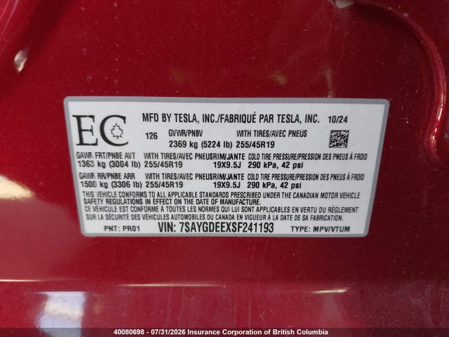 40080698 :رقم المزاد ، 7SAYGDEEXSF241193 vin ، 2025 Tesla Model Y مزاد بيع