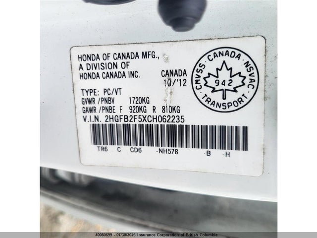 40080699 :رقم المزاد ، 2HGFB2F5XCH062235 vin ، 2012 Honda Civic مزاد بيع