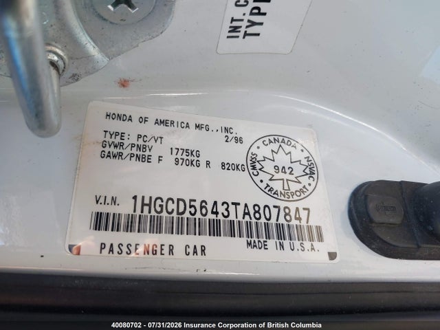 Aukcja sprzedaży 1996 Honda Accord Lx/ex, vin: 1HGCD5643TA807847, numer aukcji: 40080702