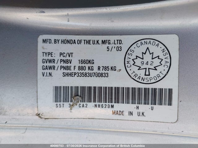 2003 Honda Civic მანქანა იყიდება აუქციონზე, vin: SHHEP33583U700833, აუქციონის ნომერი: 40080703