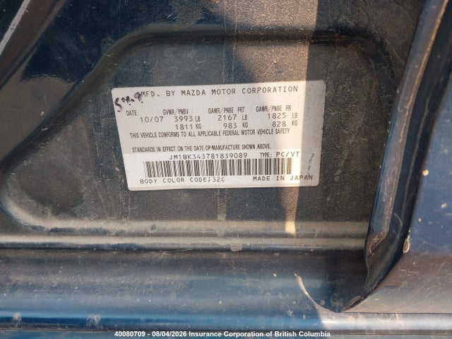 40080709 :رقم المزاد ، JM1BK343781839089 vin ، 2008 Mazda 3 Hatchback مزاد بيع