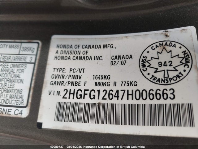 40080727 :رقم المزاد ، 2HGFG12647H006663 vin ، 2007 Honda Civic مزاد بيع