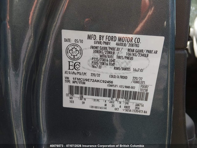 40076573 :رقم المزاد ، 1FMCU9E72AKC92456 vin ، 2010 Ford Escape Limited مزاد بيع