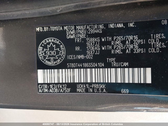 40080747 :رقم المزاد ، 5TBDT44186S504104 vin ، 2006 Toyota Tundra Double Cab Sr5 مزاد بيع