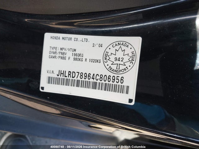 40080748 :رقم المزاد ، JHLRD78964C806956 vin ، 2004 Honda Cr-v مزاد بيع