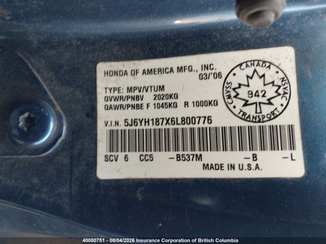 40080751 :رقم المزاد ، 5J6YH187X6L800776 vin ، 2006 Honda Element Ex مزاد بيع