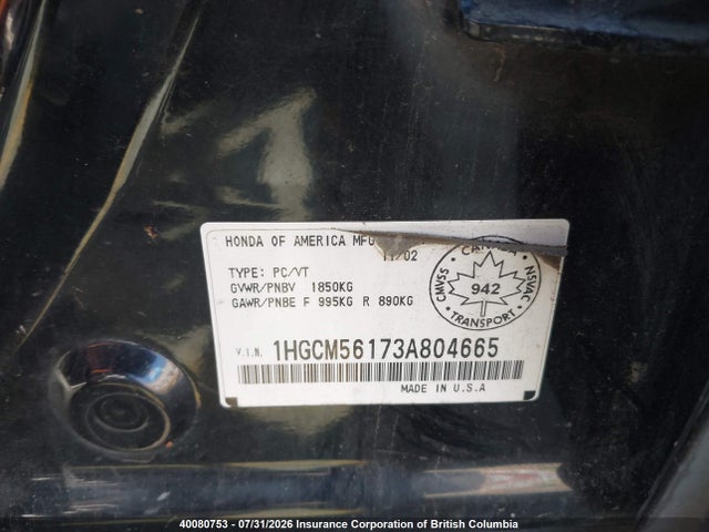 Auction sale of the 2003 Honda Accord Dx, vin: 1HGCM56173A804665, lot number: 40080753