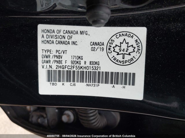 Honda Civic 2019 2HGFC2F55KH015321 Image 9